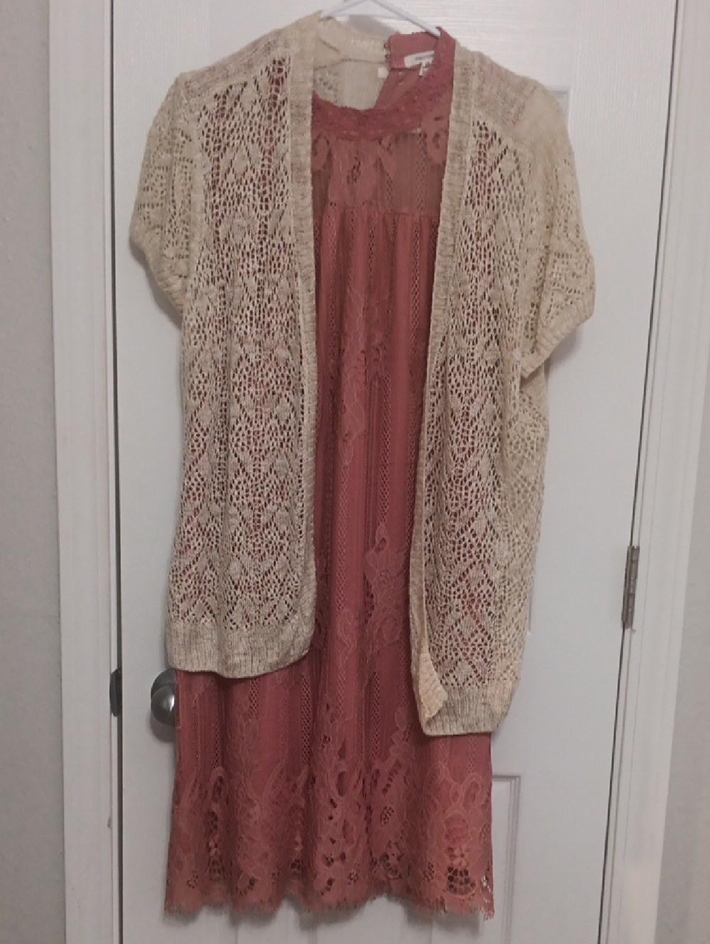Maurices Dusty Rose Lace Dress with Cream Open-Knit Cardigan